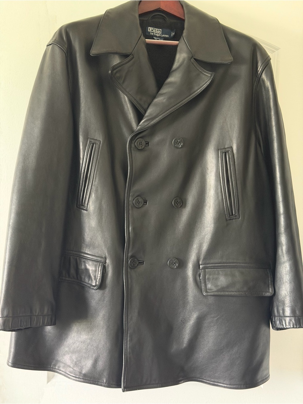 Polo by Ralph Lauren Black Leather Double-Breasted Pea Coat